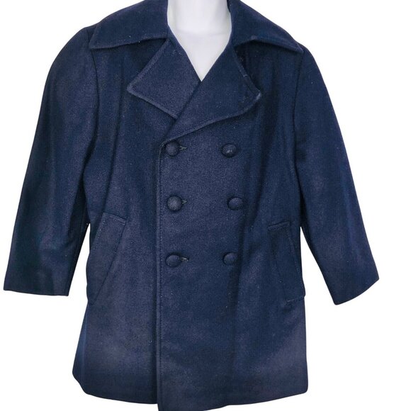 Vintage Boys Peacoat Coat S Navy Blue Wool